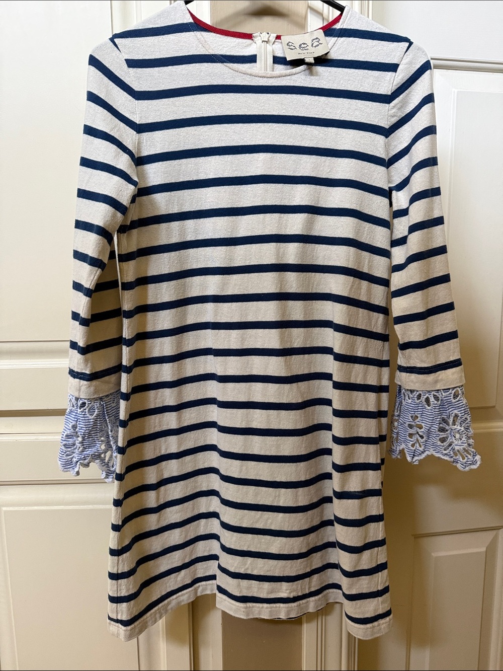 Sea New York Navy & White Striped Dress with Lace Bell Sleeves